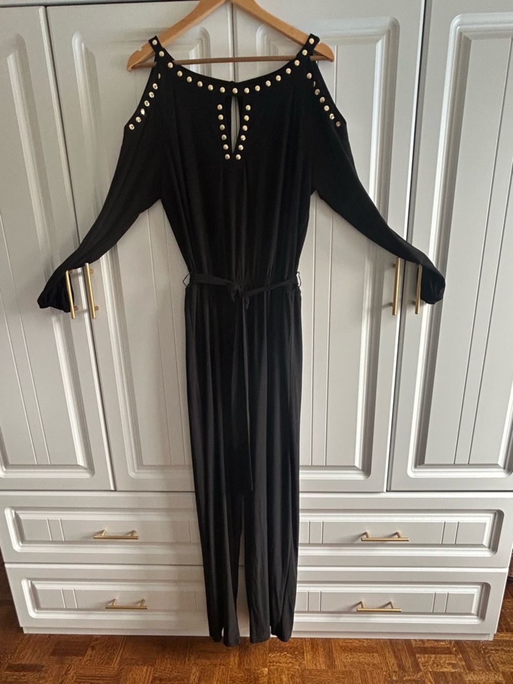 Black Cold-Shoulder Jumpsuit with Stud Detail